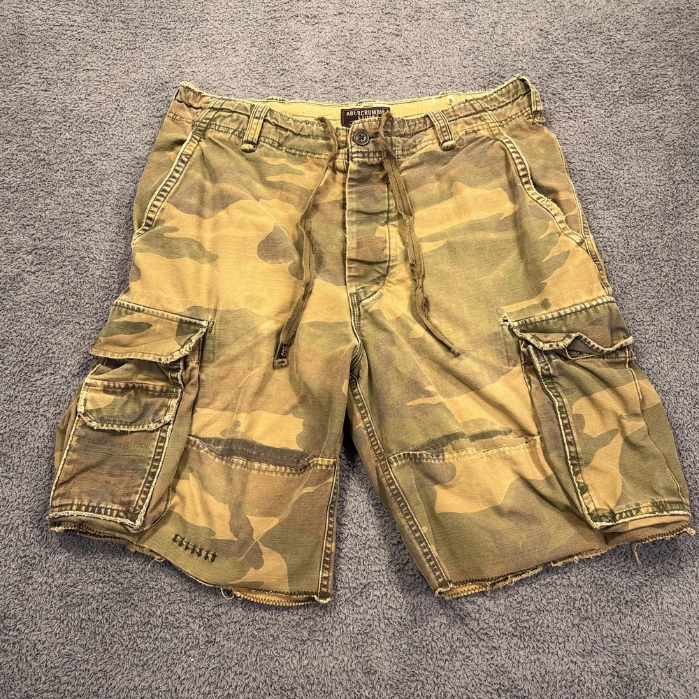 VTG Y2K Abercrombie Fitch Cargo Shorts‎ Mens 33 Camo Button Paratrooper Thrashed